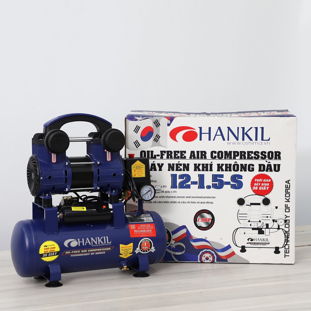 Máy bơm hơi HANKIL 12-1.5-S 1.5HP Xanh Điện 1 pha (Không dầu,nhanh,dây đồng)