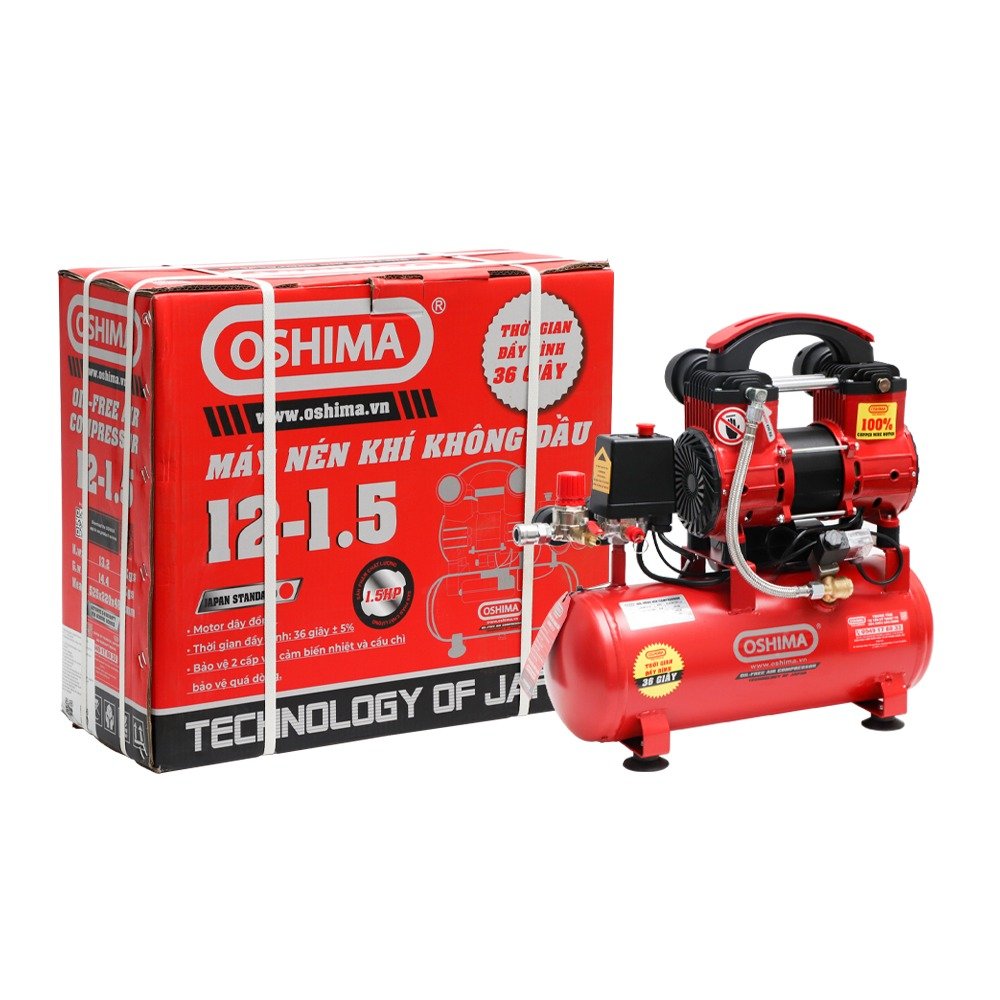 Máy bơm hơi Oshima 12-1.5 1.5HP Đỏ Điện 1 pha (Không dầu,nhanh,dây đồng)